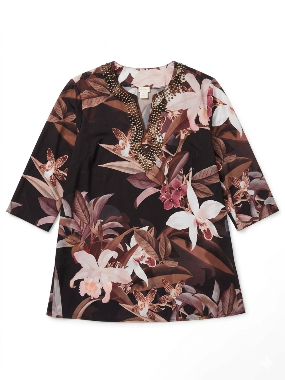 Chico's Floral Beaded V-Neck Blouse Top - Black, Brown & Pink